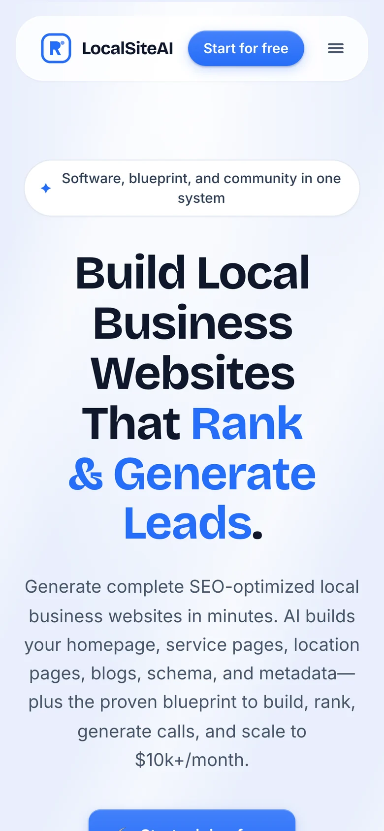 LocalSiteAI website on mobile